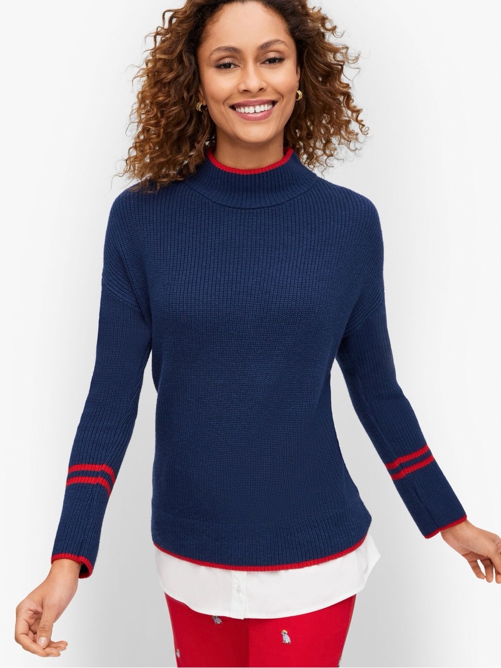 Talbots Petite Layered Mock Neck Sweater Navy Red Stripe Shirt Hem XLP NWOT